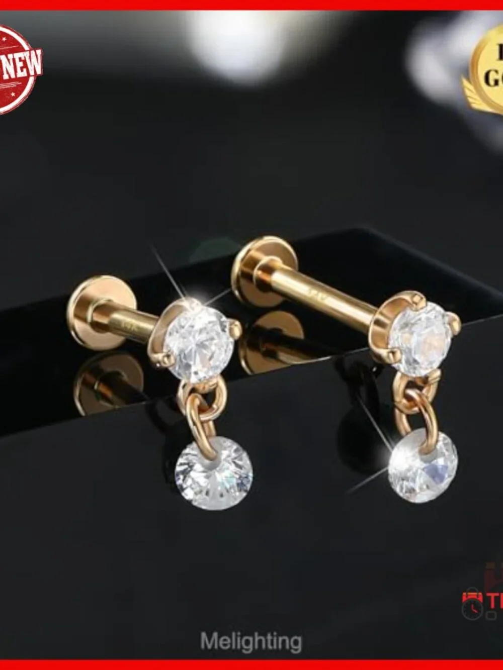 14K Solid Gold Helix Earring, 16G 6mm Dangle Teardrop CZ Piercing Jewelry